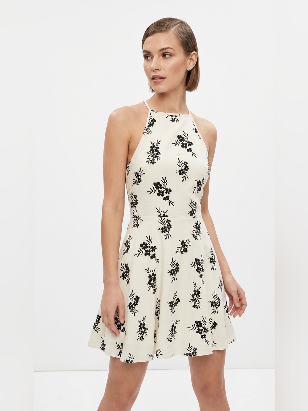 Forever 21 Cream Halter Floral Mini Dress with Black Print